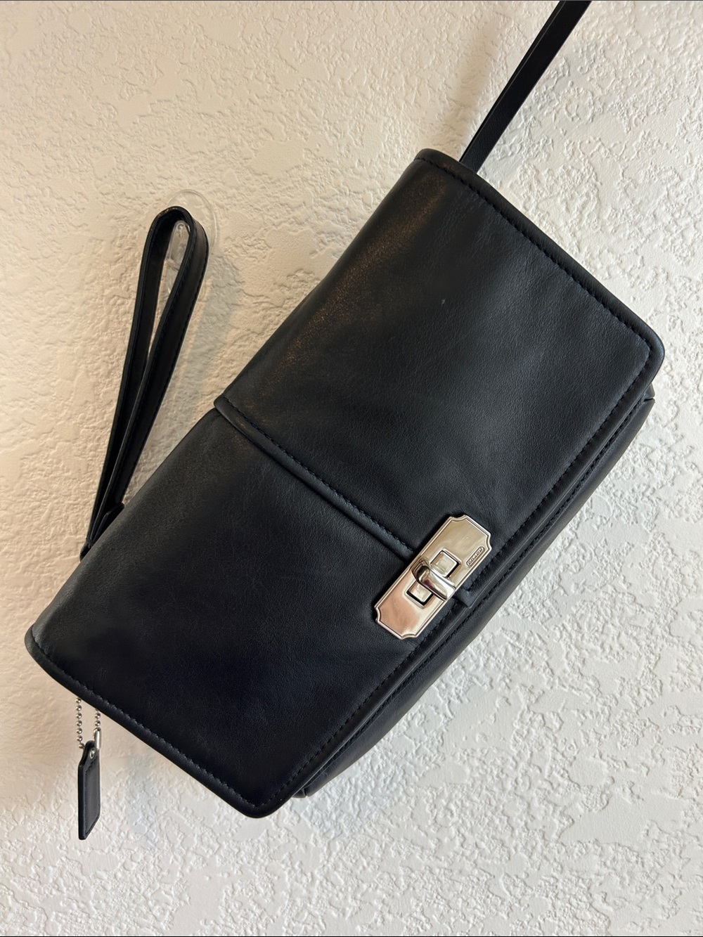 Coach Black Leather wristlet/ clutch purse w/ Coach embossed Silver Turn-Lock